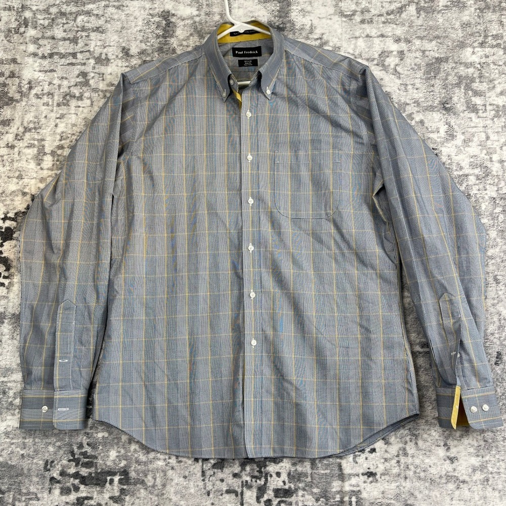 Paul Fredrick Slim Fit Dress Shirt 16.5 36 BlueYellow Plaid Non Iron Cotton NWOT